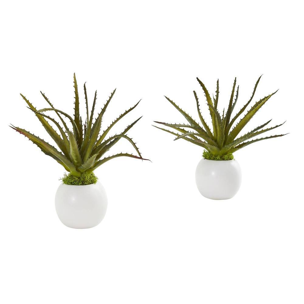 10" Mini Aloe Succulent Artificial Plant in White Vase (Set of 2)