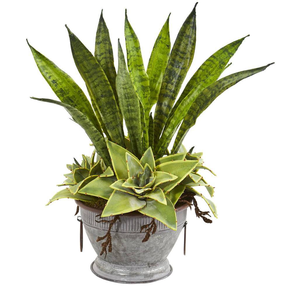19" Sansevieria and Succulent Artificial Plant in Metal Bowl