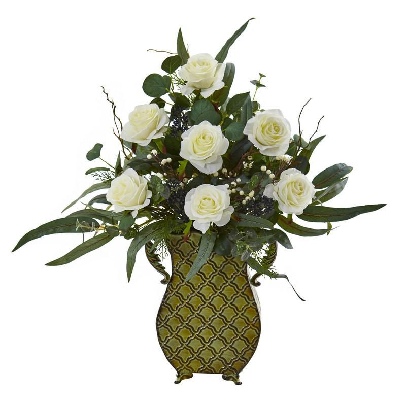 27" Rose and Eucalyptus Artificial Plant in Metal Planter