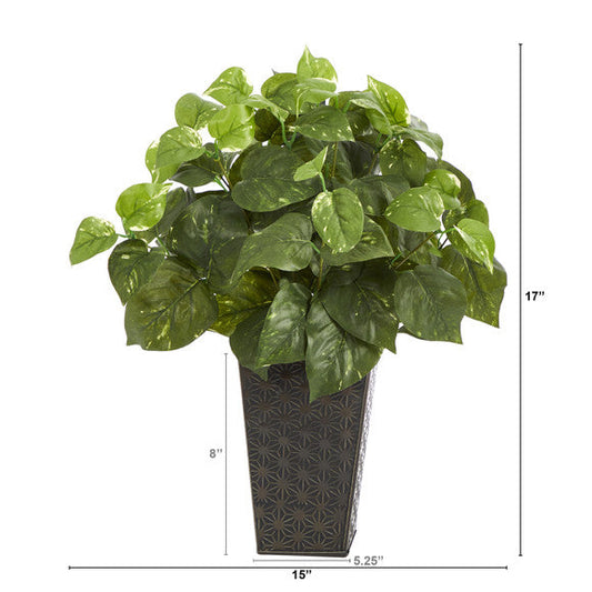 17" Pothos Artificial Plant in Embossed Black Planter