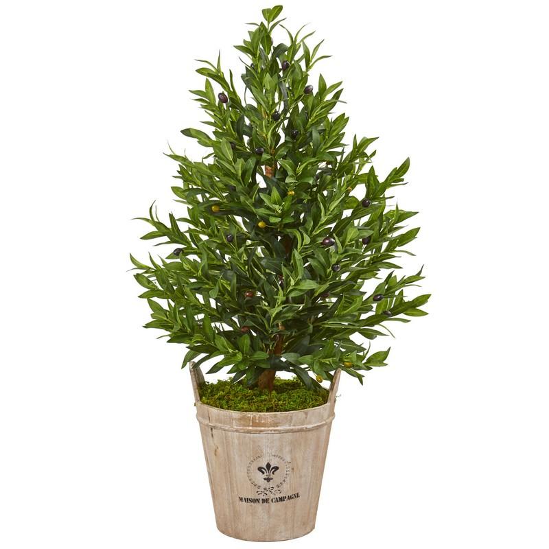 38" Olive Cone Topiary Artificial Tree in Farmhouse Planter