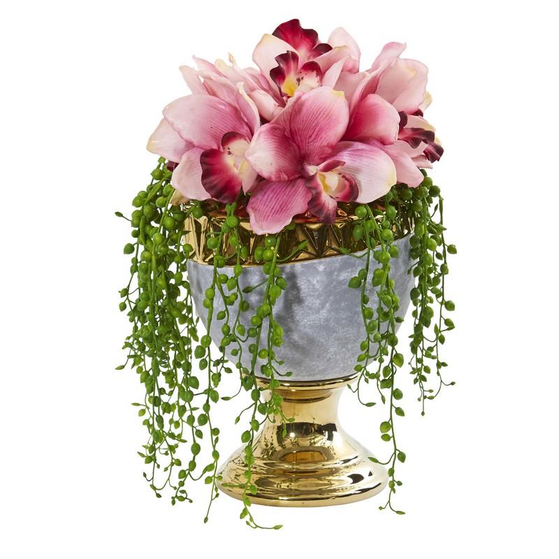 13" Cymbidium Orchid Artificial Arrangement in Designer Urn