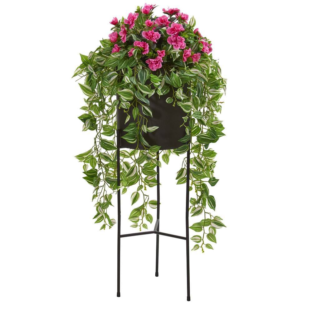 4" Azalea and Wandering Jew Artificial Plant in Stand Black Planter