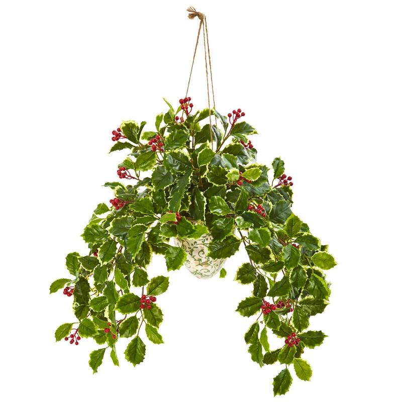 30" Variegated Holly Berry Artificial Plant in Hanging Vase (Real Touch)