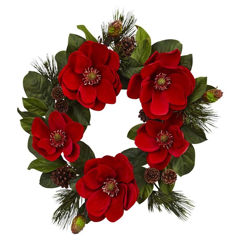 24" Red Magnolia & Pine Wreath