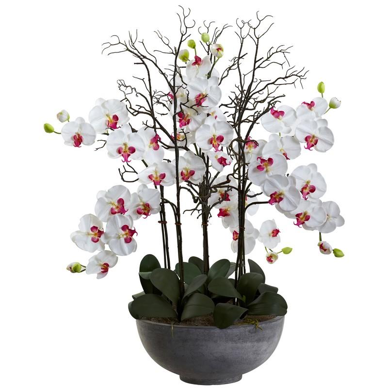 46" Giant Phalaenopsis Orchid Artificial Arrangement in Cement bowl