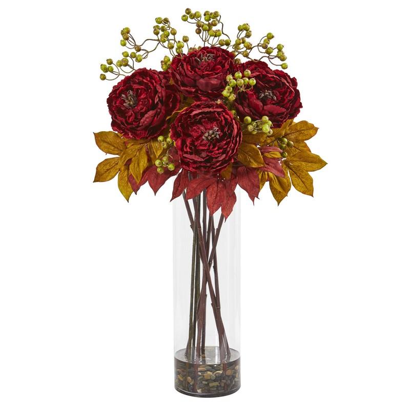 36" Peony and Berries Artificial Arrangement in Large Cylinder Vase