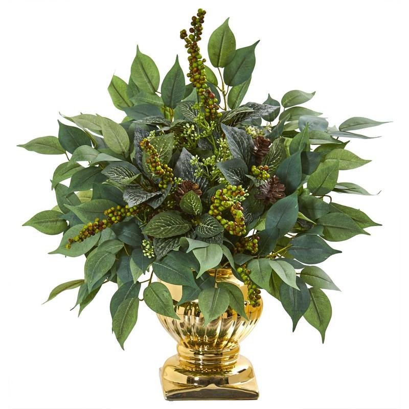 15" Royal Ficus and Fittonia Artificial Plant in Gold Urn