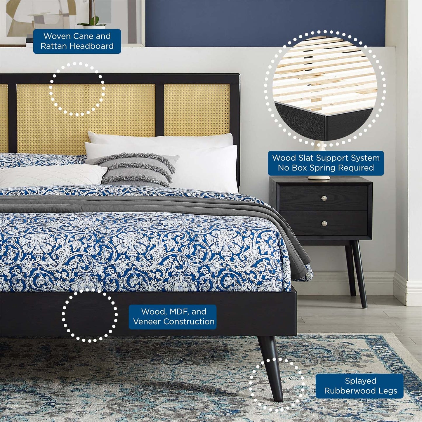 Kelsea Cane and Wood Queen Platform Bed With Splayed Legs by Modway