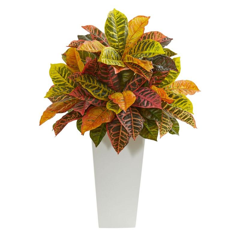 27" Croton Artificial Plant in White Tower Planter (Real Touch)