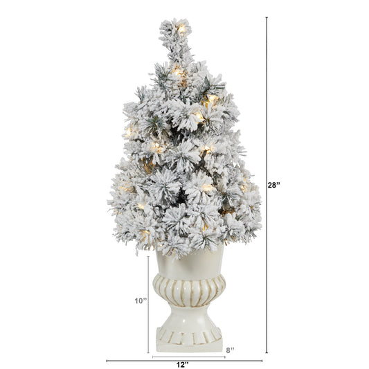 28' Flocked Artificial Christmas Tree with 30 Clear LED Lights in White Urn