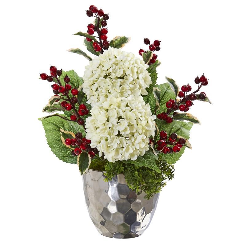 19" Hydrangea and Holly Berry Artificial Arrangement in Silver Bowl