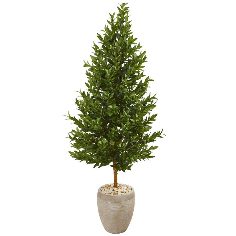 62" Olive Cone Topiary Artificial Tree in Sand Colored Planter UV Resistant