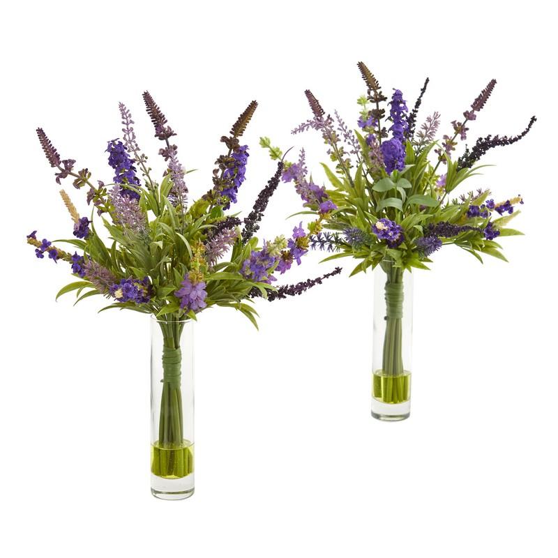 15" Lavender Artificial Arrangement in Glass Vase (Set of 2)