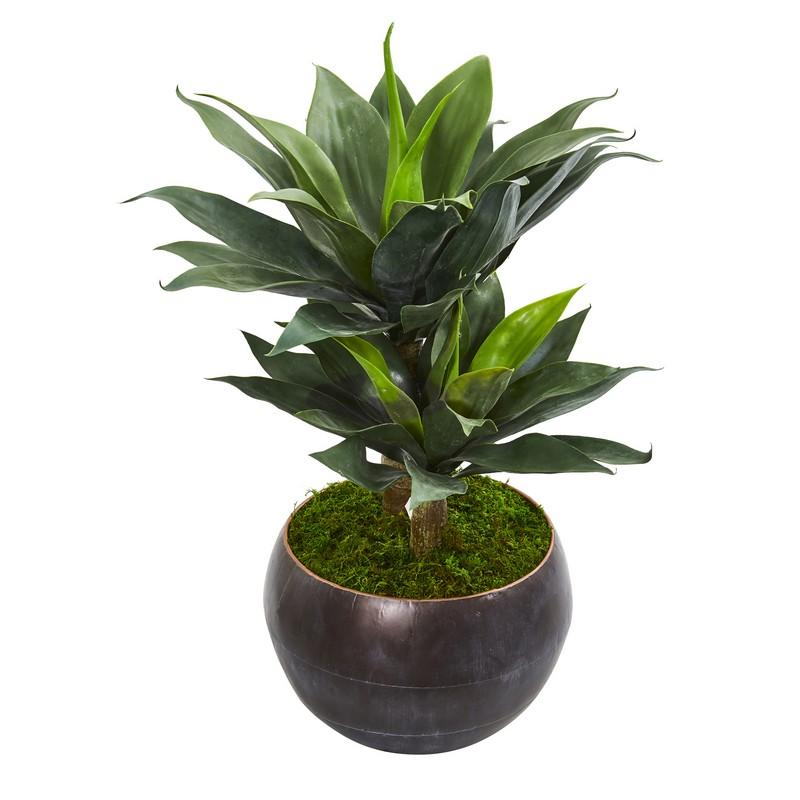 31" Double Agave Artificial Plant in Metal Bowl Planter