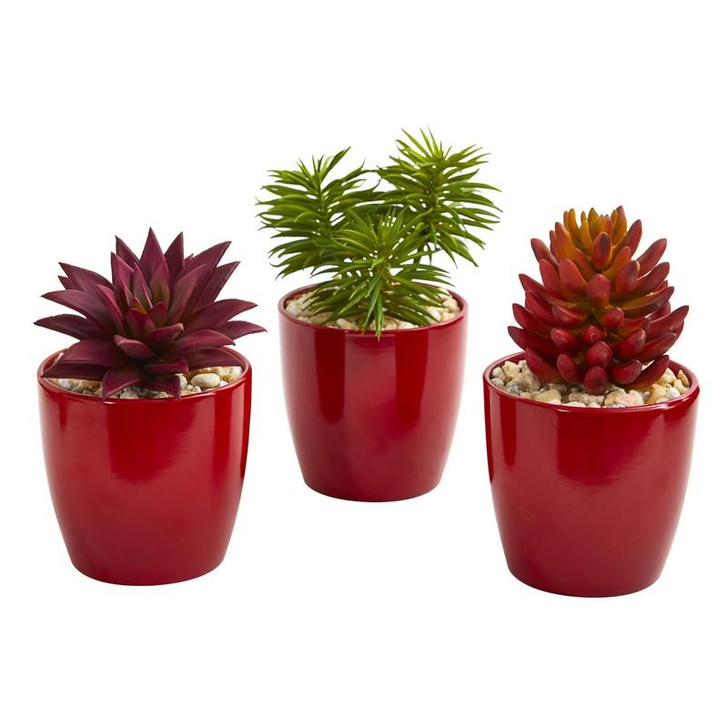 8" Mixed Succulent Artificial Plant in Red Vase (Set of 3)