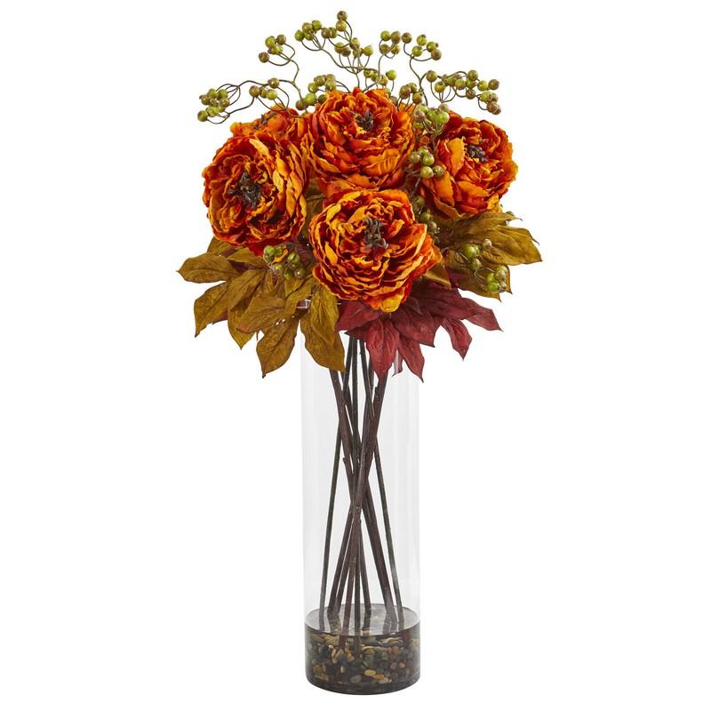 36" Peony and Berries Artificial Arrangement in Large Cylinder Vase