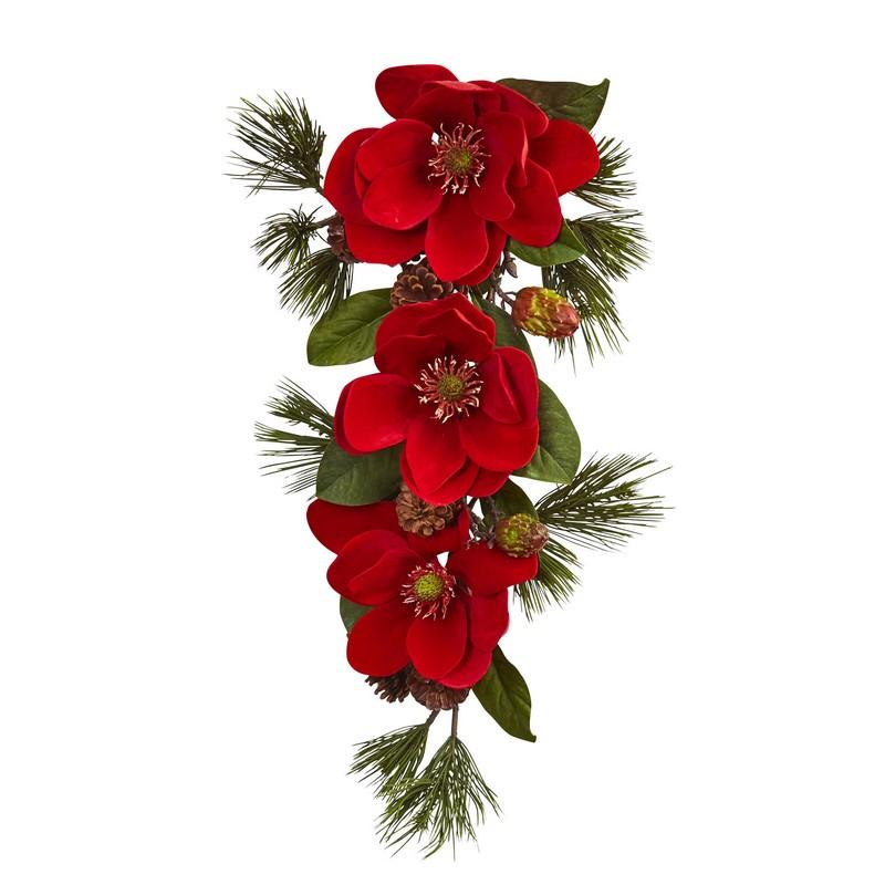 26" Red Magnolia & Pine Tear Drop