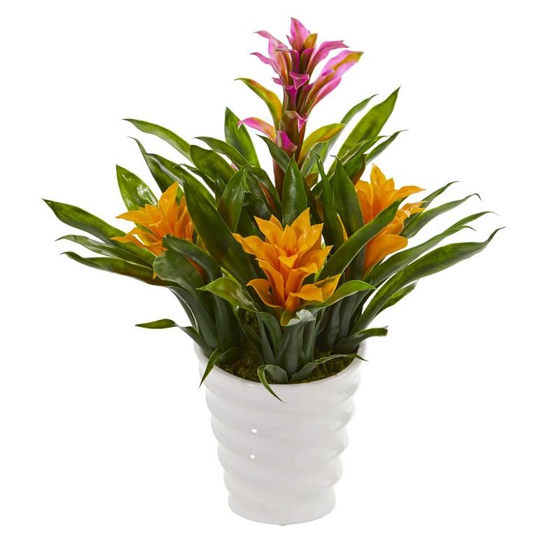 Bromeliad Artificial Plant in White Vase