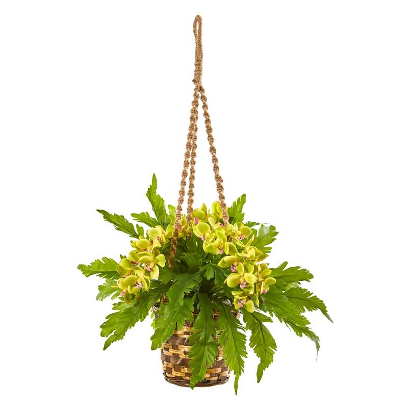29" Phalaenopsis Orchid and Fern Artificial Plant in Hanging Basket