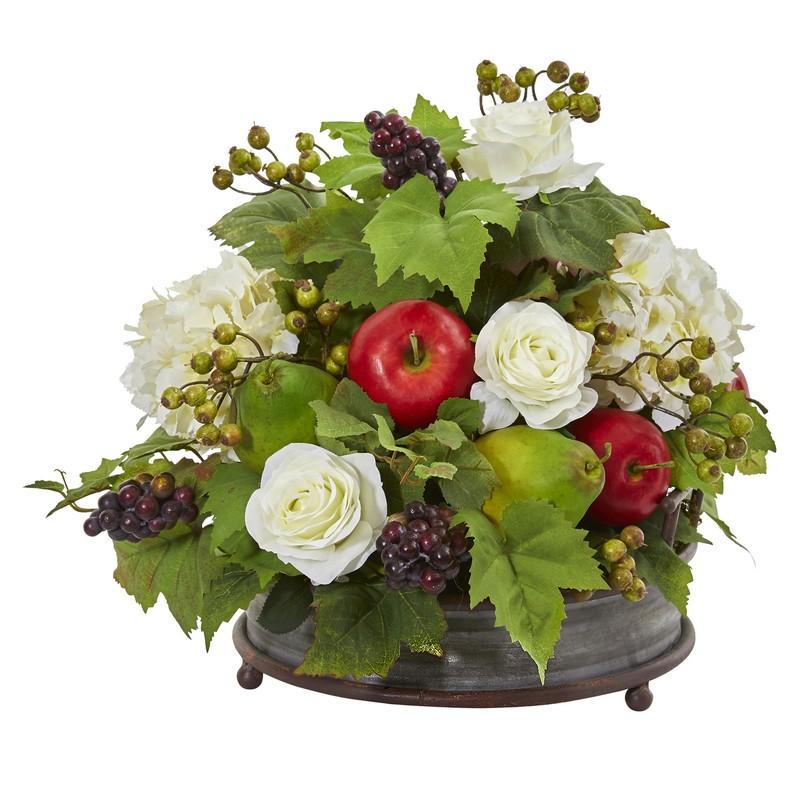 17" Rose, Hydrangea and Faux Fruits Artificial Arrangement in Metal Tray