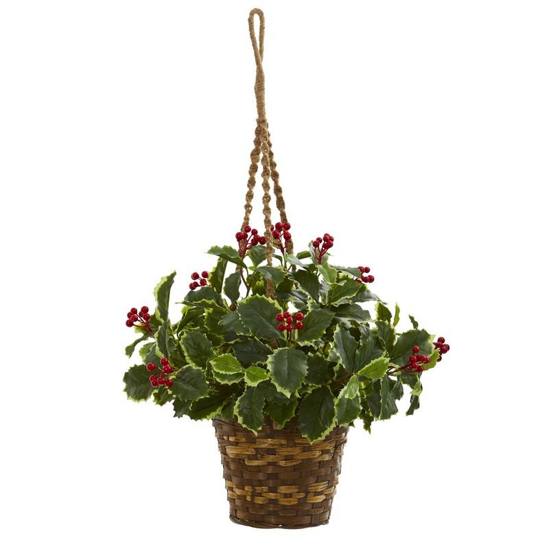 26" Variegated Holly Artificial Plant in Hanging Basket (Real Touch)