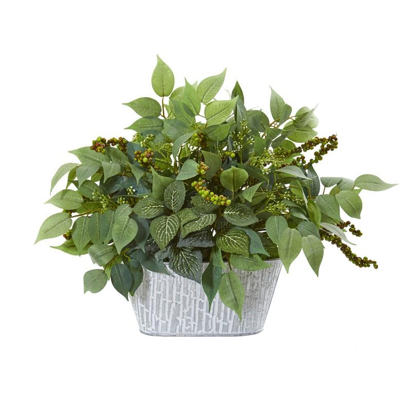 13" Mixed Ficus and Fittonia Artificial Plant in Decorative Planter