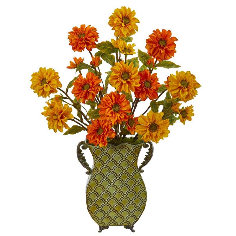 27" Zinnia Artificial Arrangement in Venetian Verdigris Planter