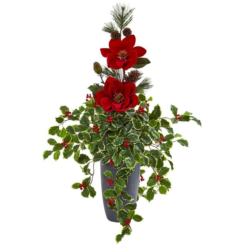 3.5" Magnolia, Pine and Variegated Holly Leaf Artificial Arrangement