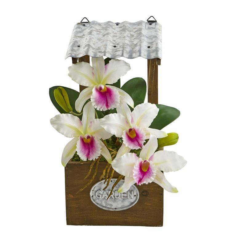 14" Cattleya Orchid Artificial Arrangement in Tin Roof Planter
