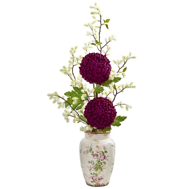 39" Mum and Thistle Artificial Arrangement in Floral Vase