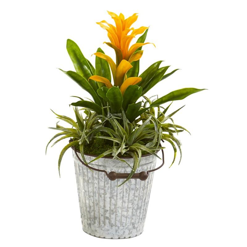 18" Bromeliad and Succulent Artificial Plant in Metal Bucket