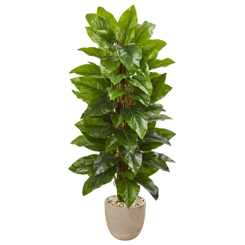 58" Large Leaf Philodendron Artificial Plant in Sand Stone Planter (Real Touch)