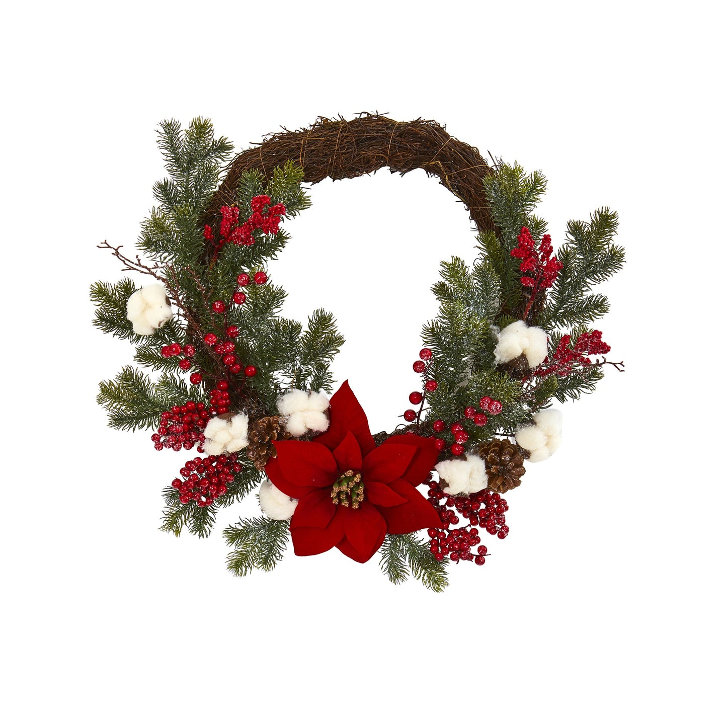 19" Poinsettia with Berries and Cotton Artificial Wreath