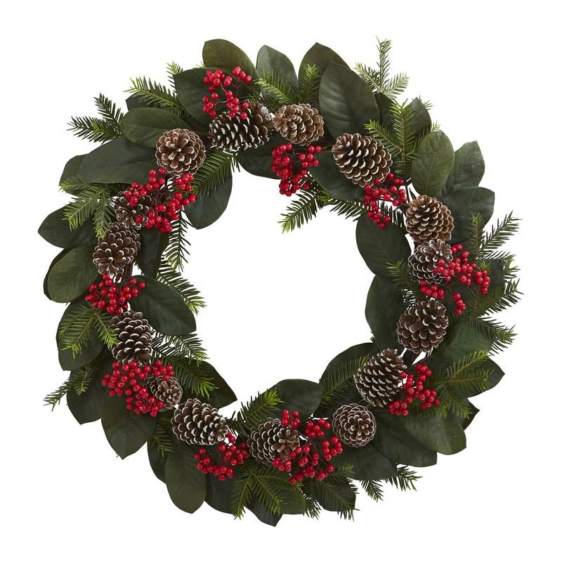 30" Magnolia Leaf, Berry, Pine and Pine Cone Artificial Wreath