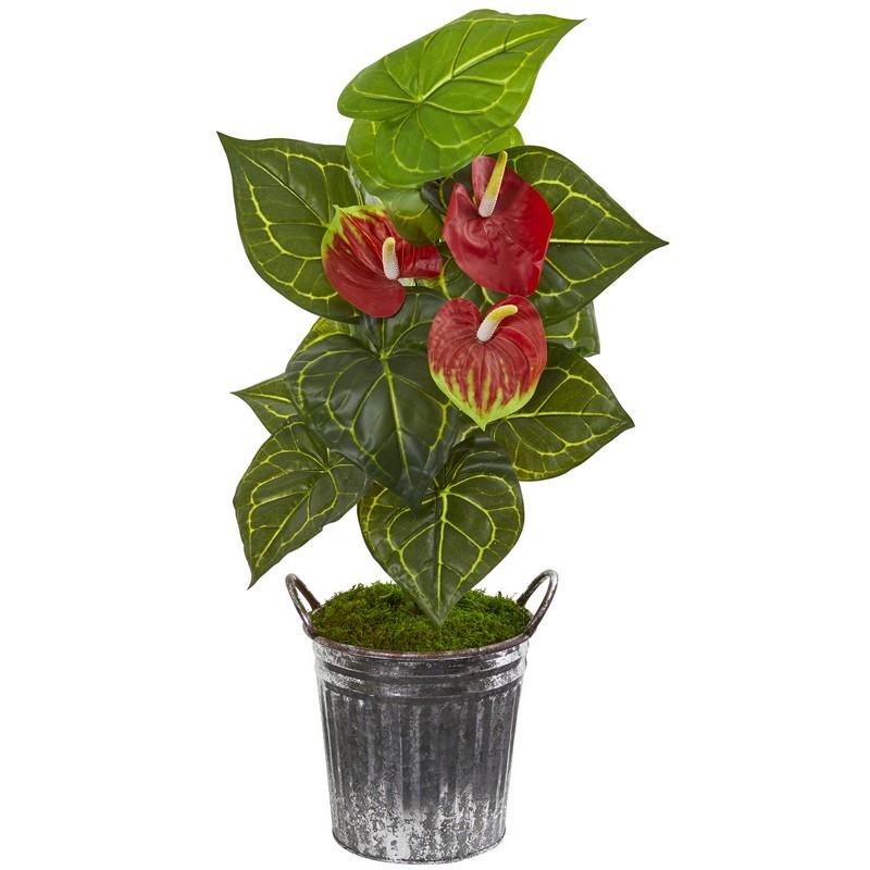 33" Anthurium Artificial Plant in Vintage Bucket (Real Touch)