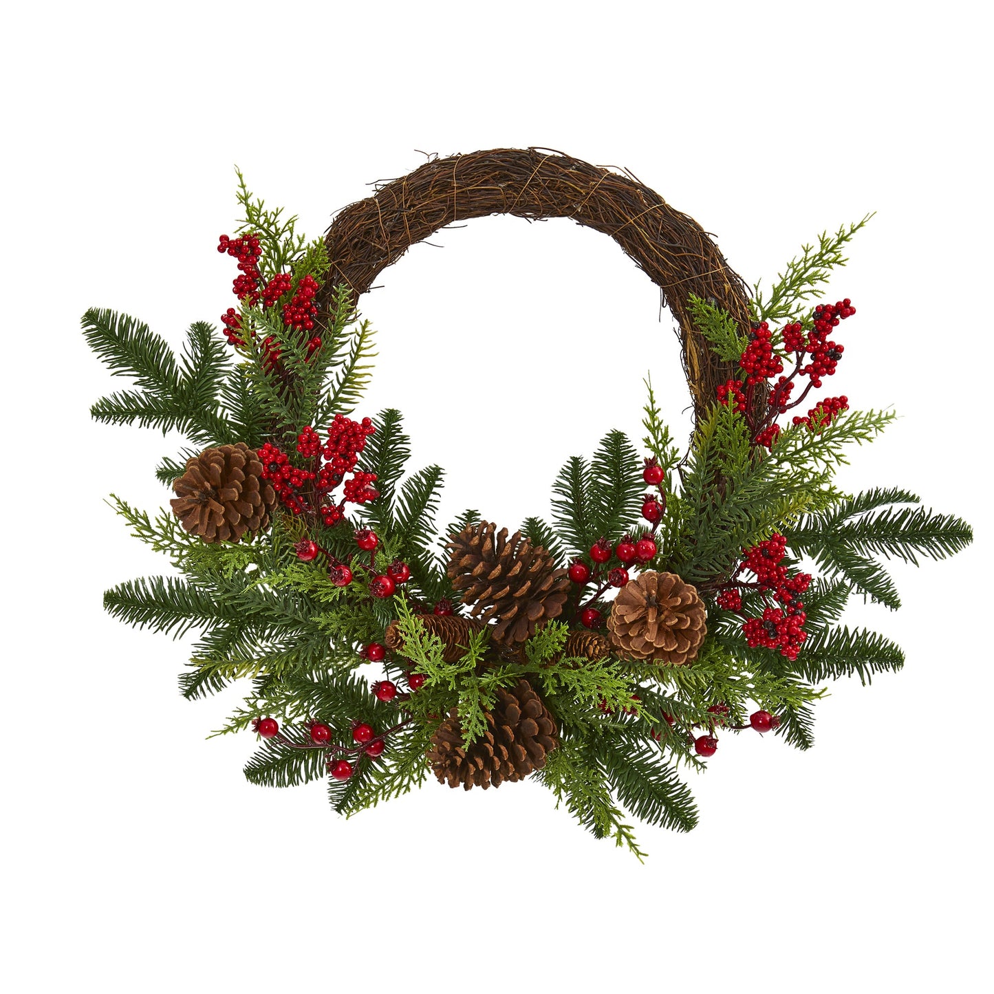 22" Mixed Pine and Cedar with Berries and Pine Cones Artificial Wreath