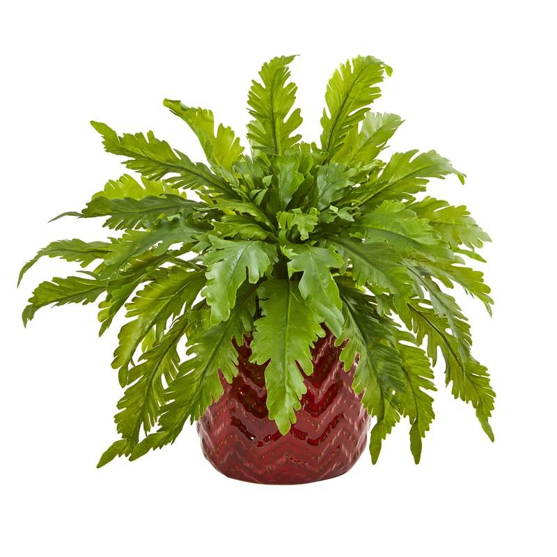 14" Fern Artificial Plant in Red Vase