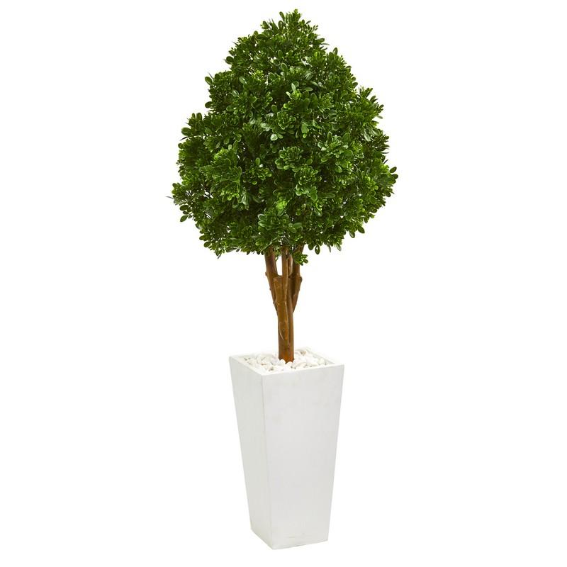 58" Tea Leaf Artificial Tree in White Planter UV Resistant (Indoor/Outdoor)