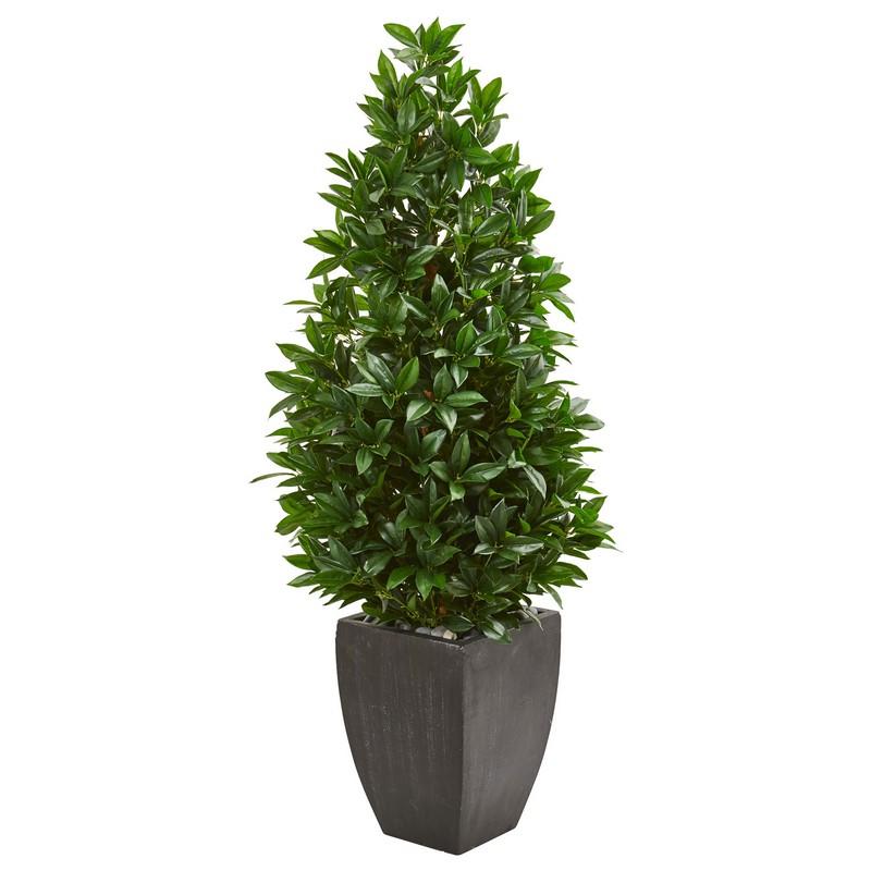 56" Bay Leaf Cone Topiary Artificial Tree UV Resistant in Black Planter