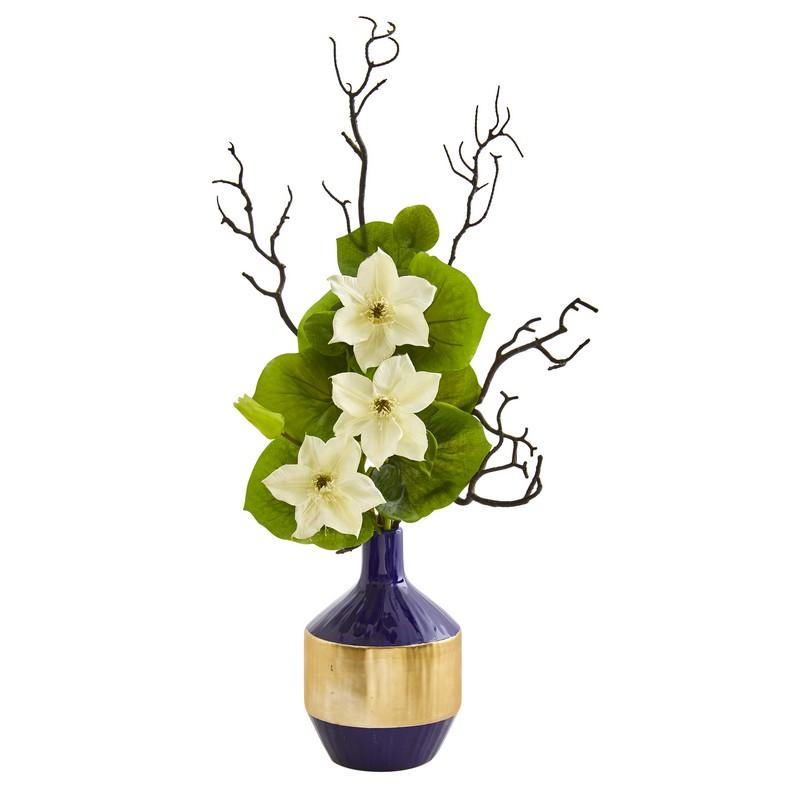 22" Anemone and Lotus Leaf Artificial Arrangement in Vase