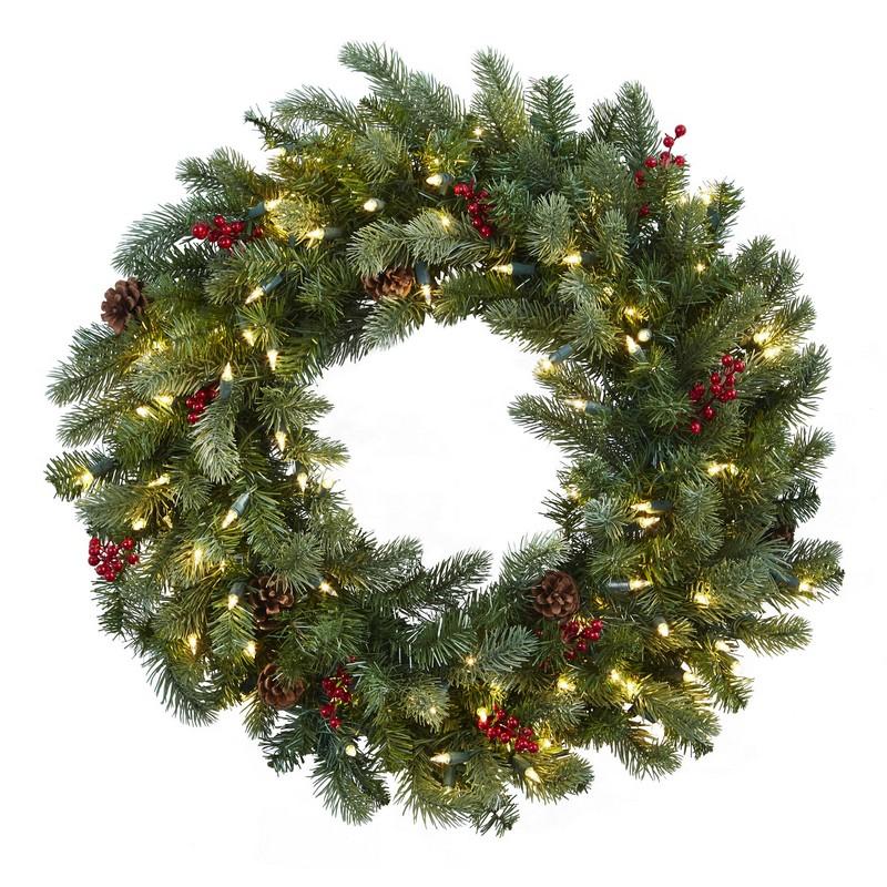30" Lighted Pine Wreath w/Berries & Pine Cones