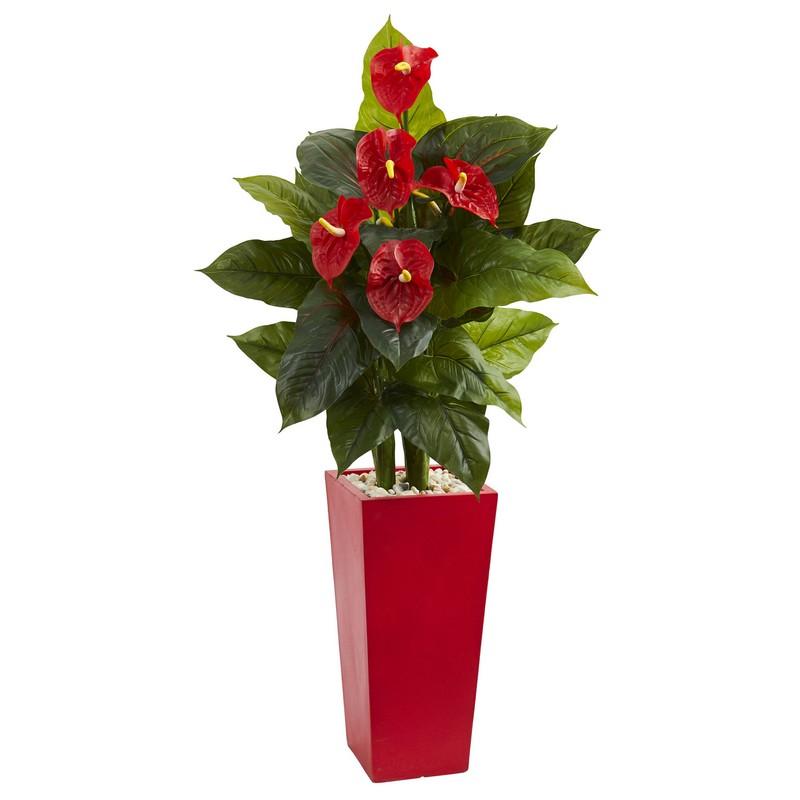 53" Anthurium Artificial Plant in Red Tower Vase(Real Touch)