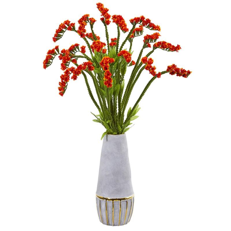 23" Baby Breath Artificial Arrangement in Oval Vase with Gold Trimming