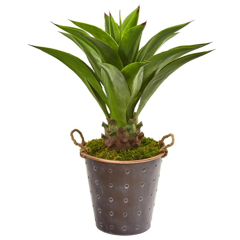 34" Agave Artificial Plant in Decorative Metal Pail with Rope