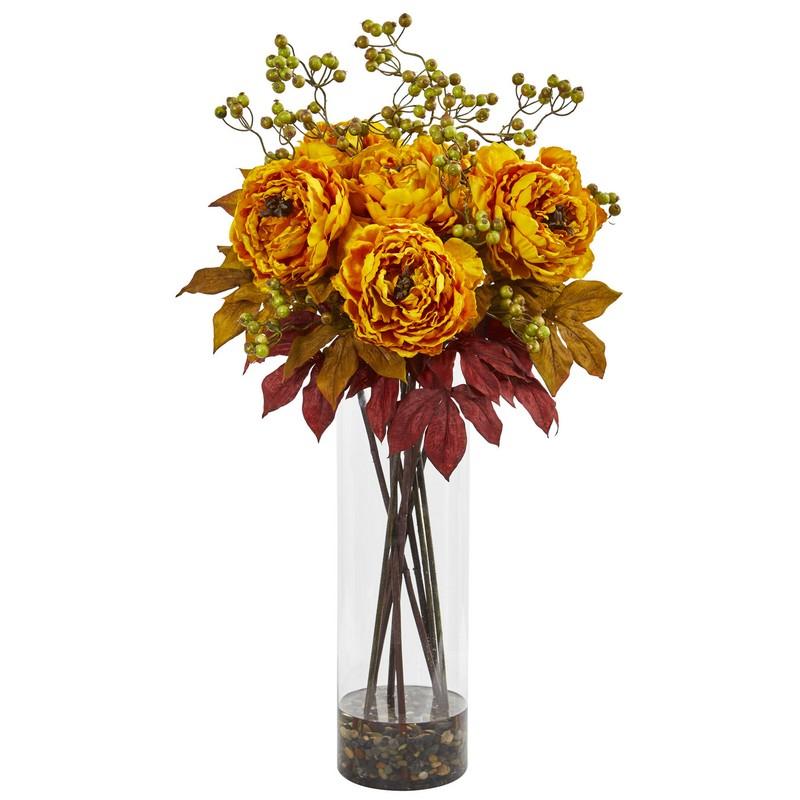 36" Peony and Berries Artificial Arrangement in Large Cylinder Vase