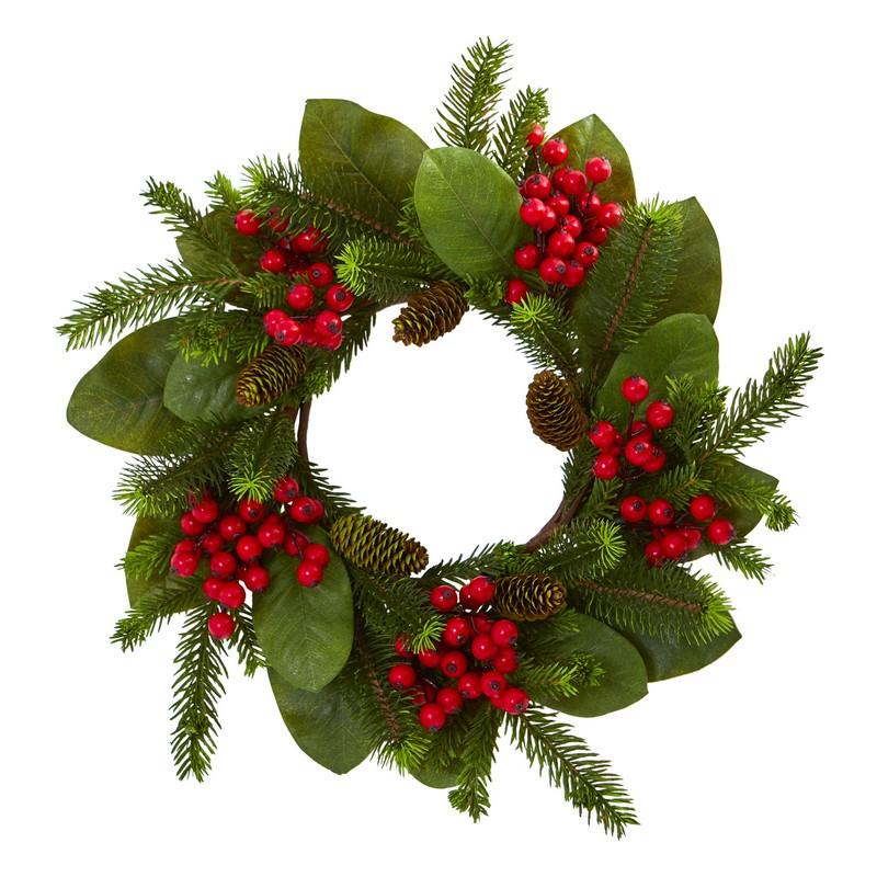 19" Magnolia Leaf, Berry and Pine Artificial Wreath
