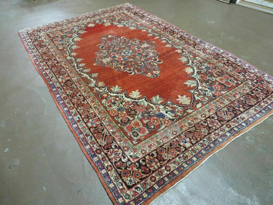 Antique Persian Sarouk Rug 5x8, Red, Semi Open Field, Hand Knotted, Wool