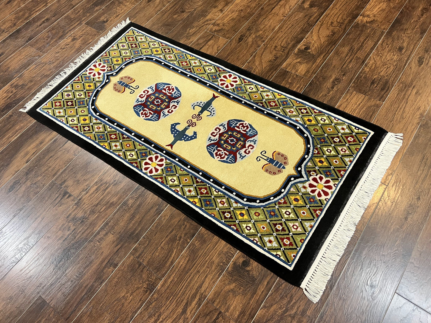 Chinese Rug 3x6 ft, Chinese Wool Rug, Tiensin Rug, Handmade Wool 3 x 6 Vintage Peking Rug, Art Deco Rug, Butterflies