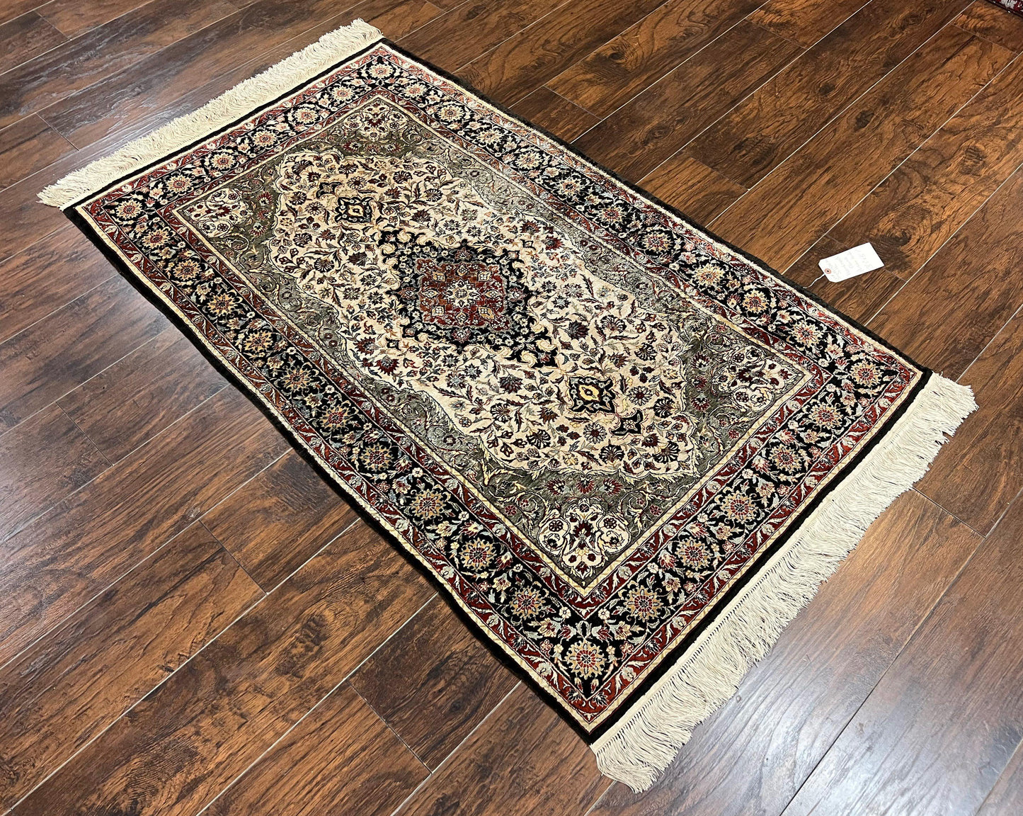 Silk Sino Persian Rug 3x5, Floral Medallion, Hand Knotted Silk Pile Silk Foundation, Traditional Silk Handmade Oriental Carpet, Cream Black